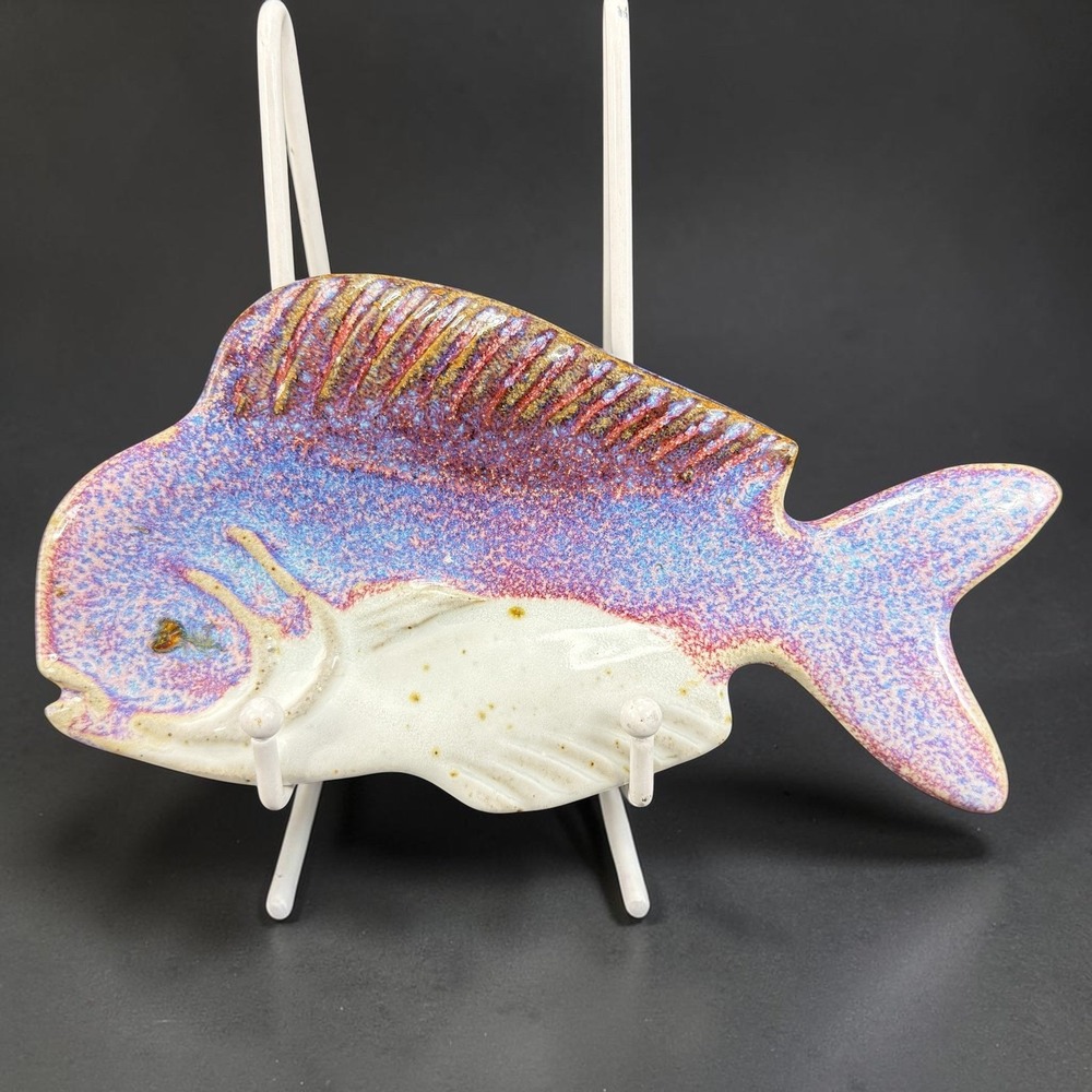 Artisan Signed Studio Pottery Fish Dish Plate Trinket Purple Blue White 7x4 VTG
